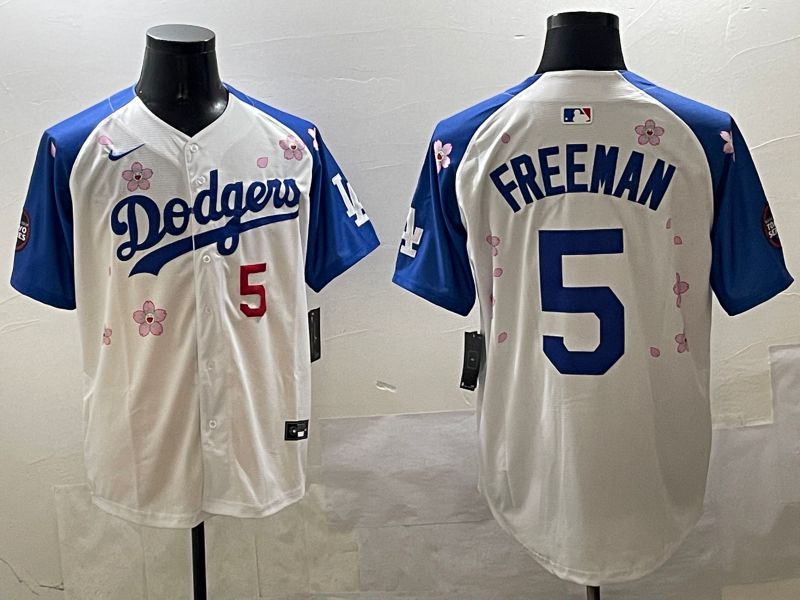 Men Los Angeles Dodgers 5 Freeman White Blue Sakura Edition 2025 Nike MLB Jersey style 6